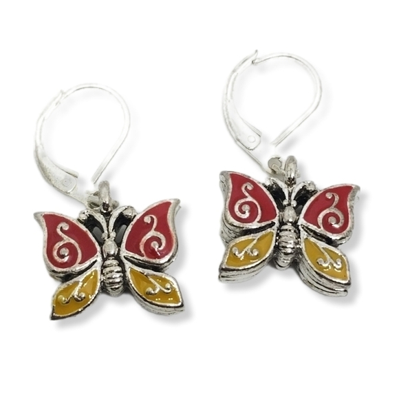 Vintage Jewelry - Vintage Enamel Butterfly Dangle Earrings - Silver Tone Red & Yellow